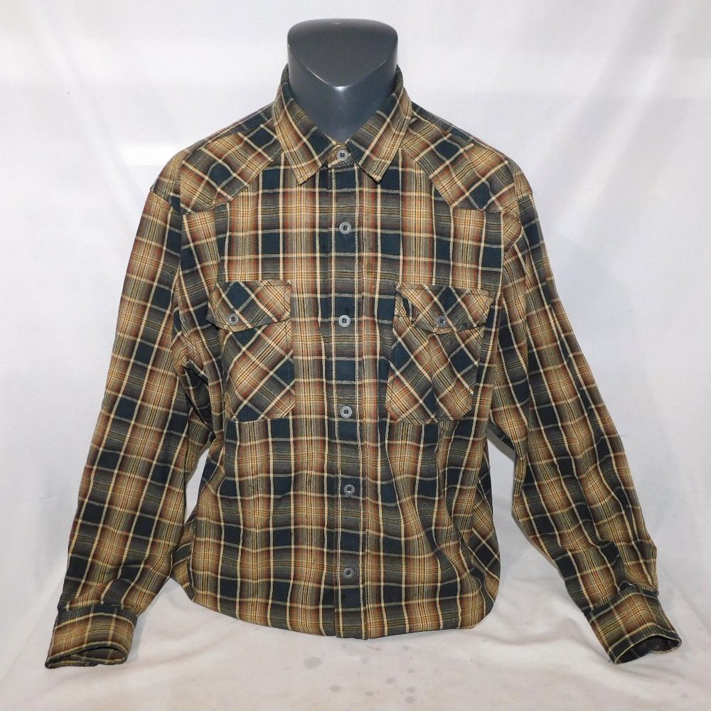 Redhead 100% Heavy Cotton Plaid Button Front Shirt Long Sleeve Black Tan Mens XL